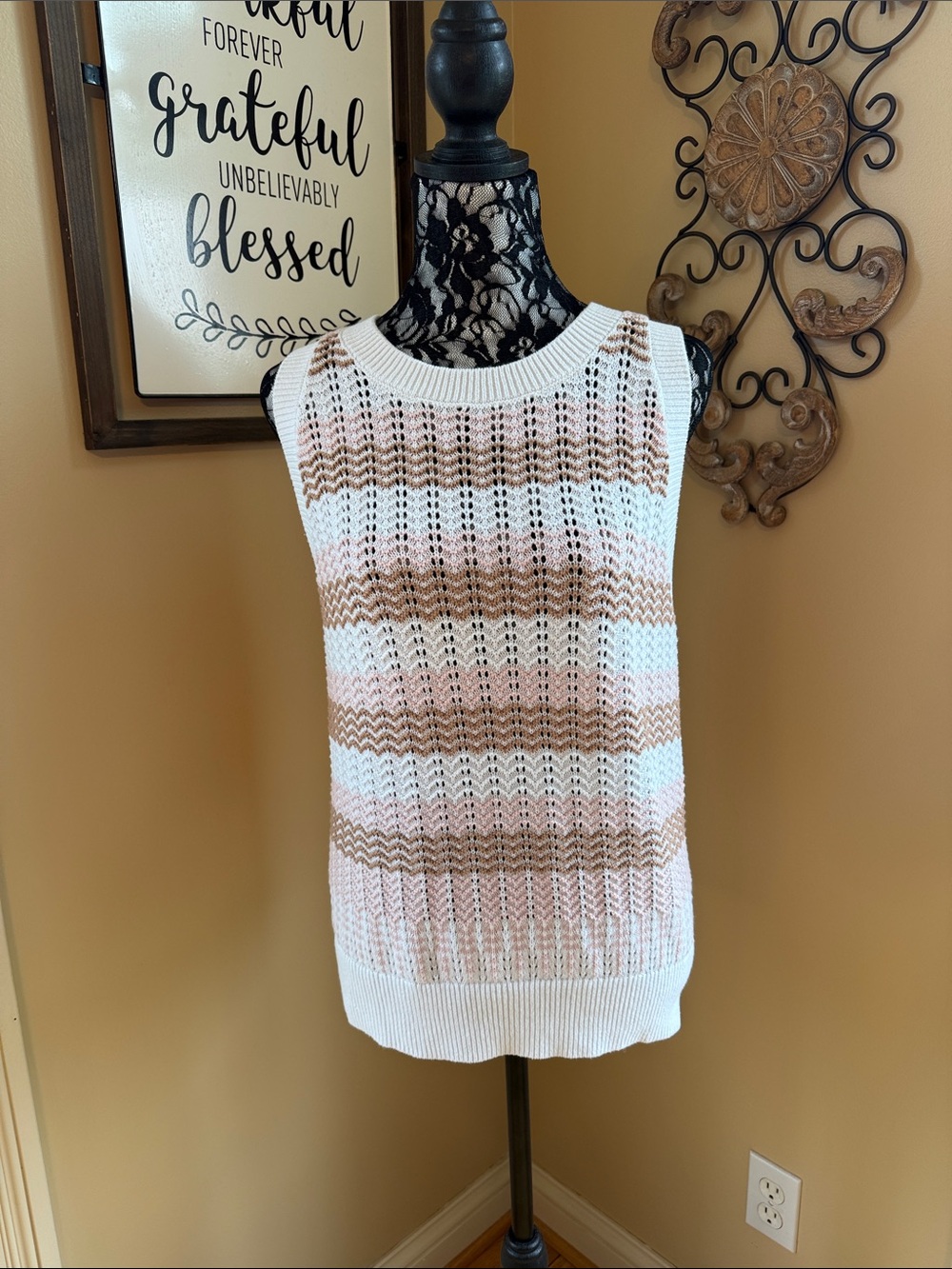 LOFT Striped Knit Tank Top in White and Tan